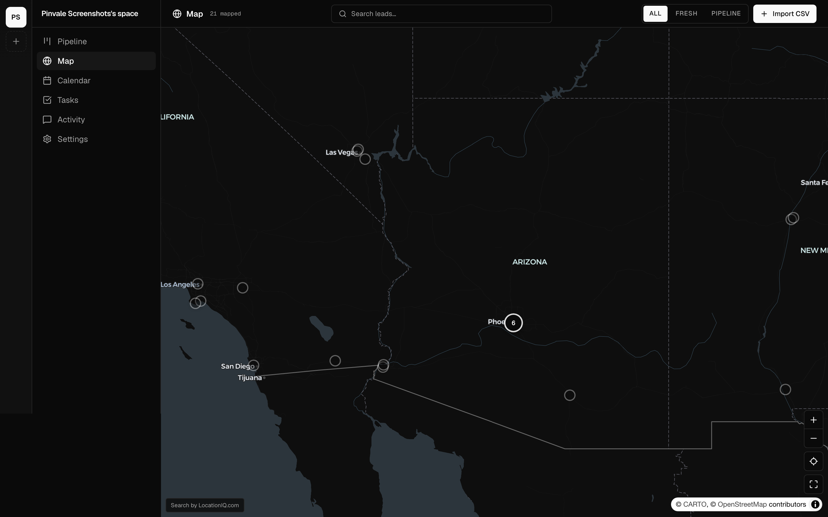 Pinvale map view showing leads pinned across Phoenix, Los Angeles, Las Vegas, San Diego, and Tucson with cluster counts